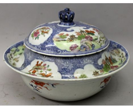 AN UNUSUAL 18TH CENTURY CHINESE QIANLONG PERIOD FAMILLE ROSE & UNDERGLAZE-BLUE PORCELAIN TUREEN & COVER, each piece of the un