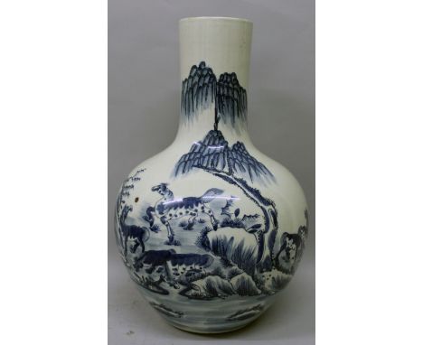 A LARGE CHINESE BLUE & WHITE PORCELAIN BOTTLE VASE, decorated with the Eight Horses of Wang Mu in a rocky landscape setting, 