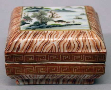 A GOOD QUALITY CHINESE FAMILLE ROSE & ROUGE-DE-FER PORCELAIN BOX & COVER, the cover centred with a river landscape panel, the