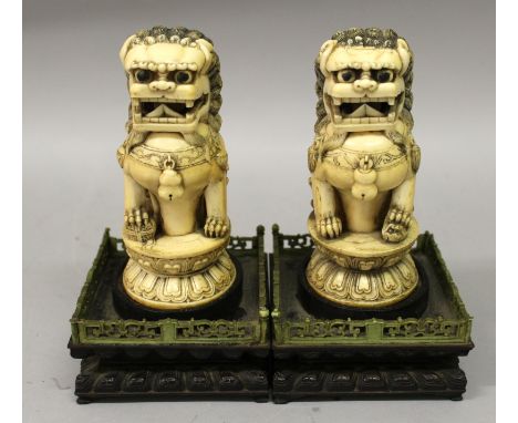 A PAIR OF GOOD QUALITY EARLY 20TH CENTURY CHINESE CARVED IVORY MODELS OF BUDDHISTIC LIONS, together with fitted wood rectangu