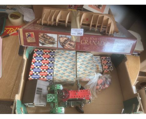 Diecast : Mixed lot HM Bomb vessel grenade boxed (wood) Meccano Tractor &amp; a box of old Scalextrix buildings