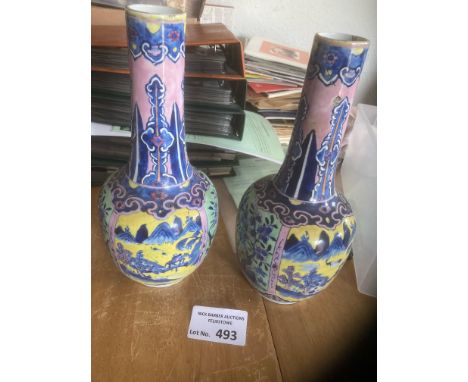 Collectables : Chinese vintage small vases colourful/green 1900s - with markings on base - 1 with top damage and repaired