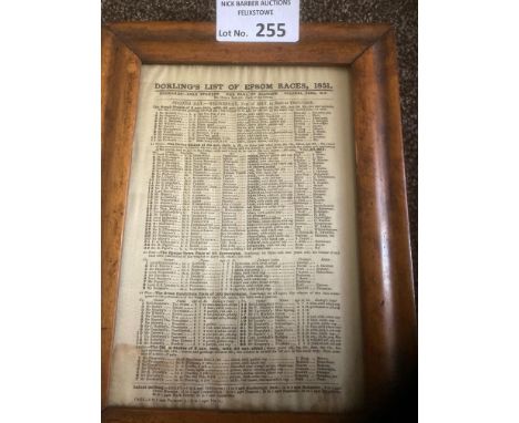 Horse Racing : Epsom Derby silk race card 21/05/1851 - framed - super item