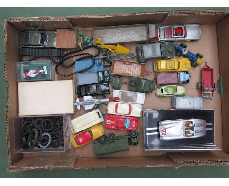 A box of Dinky/Corgi cars, lorries, military and commercial vehicles and box spare tyres/tracks 