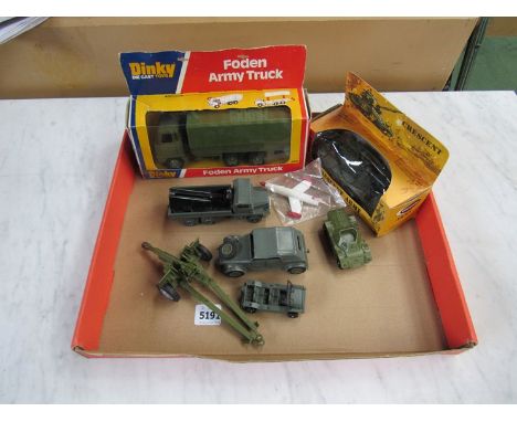 Dinky military diecast 668 Faden Army truck boxed, boxed Crescent Saladin Armoured car, Dinky Berliet Gazelle rocket launcher