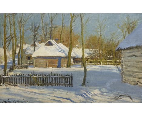 ADOLF LUNTZ Wien 1875 - 1934 Karlsruhe: „Blick in Baumgärten (Luboml, Wolhynien“. Oel auf Malkarton 1917. Signiert und datier