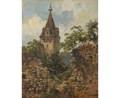 KARL WEYSSER Karlsruhe-Durlach 1833 - 1904 Heidelberg: Gengenbach: Blick über die Reste einer zerfallenen Natursteinmauer auf