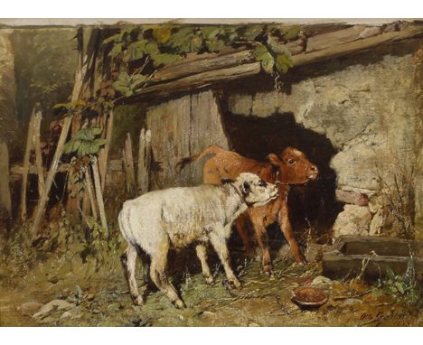 OTTO GEBLER Dresden 1838 - 1917 München: Zwei Kälbchen bei einem Stall. Oel auf Holz 1868. Signiert und datiert. 21,5 x 28,5 