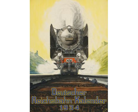 ARNOLD MÜLL Zeiden 1906 -1989 Frankfurt/M.: Dampflokomotive 02 002. Entwurf für das Titelblatt „Deutscher Reichsbahn-Kalender