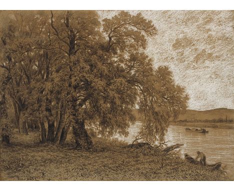 PETER BURNITZ Frankfurt/M. 1824 - 1886 Kronberg/Taunus: Mainlandschaft mit Booten. Zeichnung in schwarzer und weißer Kreide m