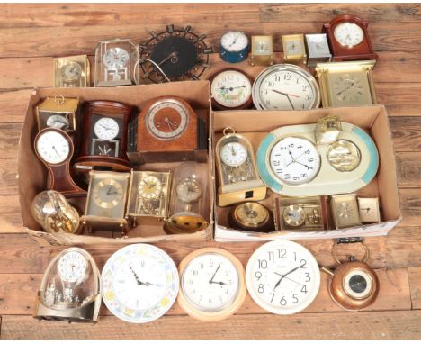 Two boxes of clocks, to include French carriage clock for repair, torsion clocks, Kundo and London Clock Co. examples.  
