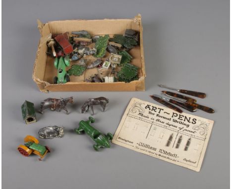 A quantity of lead farming and military figures including tractors, soldiers, canons and horses. Also includes tortoiseshell 