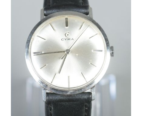 A boxed gentleman's stainless steel Cyma manual wristwatch.  Working order. Good condition. Box hinge damaged.