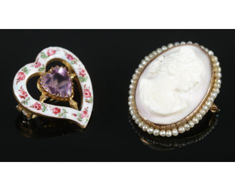 A 10ct cameo and seed pearl brooch, together with a yellow metal and enamel witches heart brooch. Total weight: 10.1g  