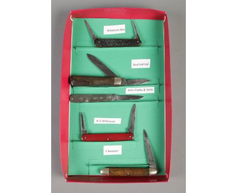 Five Sheffield made penknives, made by Robertson Bro, Bexfield Ltd, John Clarke &amp; Sons, HD Wilkinson and F Newton.  