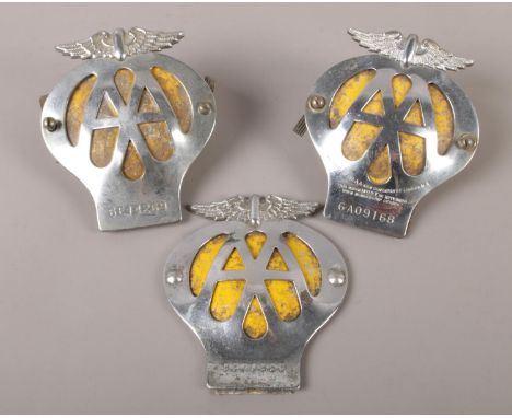 Three AA enamel car badges, with screw backs.  
