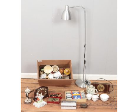 A box of miscellaneous. Including Metamec mantel clock, reading lamp, Royal Albert teawares, boxed child's teaset, etc.  
