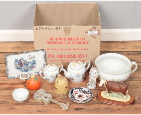 A box of miscellaneous. Including Kutani teawares, Davenport dish, Leonardo collection bull, Carltonware preserve pot, etc.  