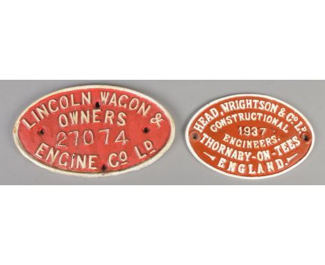 Two cast iron railway wagon plates. Includes 'Lincoln Wagon &amp; Owners 27074 Engine Co Ld' and 'Head, Wrightson &amp; Co Ld