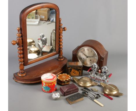 A quantity of miscellaneous. Including Victorian toilet mirror, Simpsons (Brighton) Ltd pocket watch, pair of Jaguar hub nuts