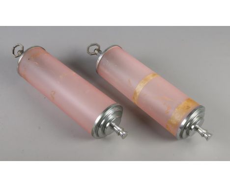 A pair of Art Deco cylindrical shaped light fittings. Length 47cm.  
