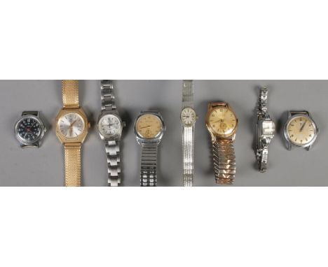 Eight manual wristwatches. Including Cyma, Never 23, Timex, Mirco-Sports, etc.  Timex, Bacara and Mirco Sports all working.