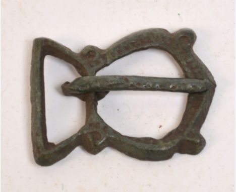 A Viking bronze buckle, 2 x 2.5cm.