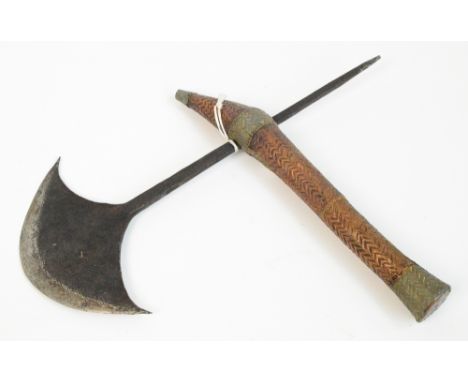 A Congolese axe with metal applied handle, shaped blade and spike, length 33cm.