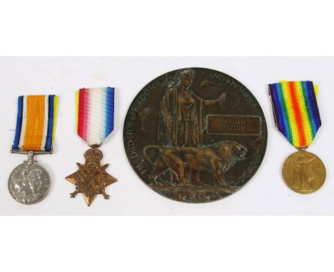 A WWI casualty medal group with bronze remembrance plaque and trio ascribed to 8072 Private W.Tetlow, Royal Lancashire Regime