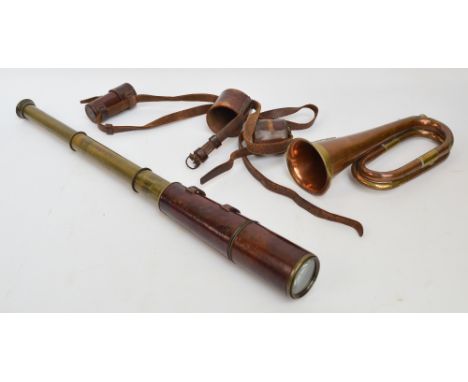 A WWI brass and leather covered three draw telescope by R&J Beck, London MKIV, no.17903, with leather cased spare lens or eye
