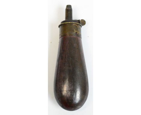 A copper brass mounted pear shaped powder flask, length 11cm.