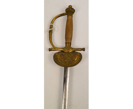 A Victorian officer's dress sword, with etched decorated blade and knuckle guard set with Queen Victoria's cipher, with brass