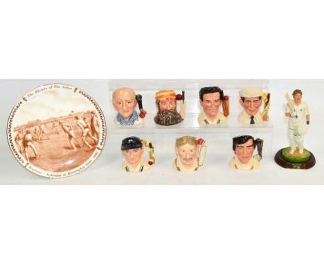 Seven Royal Doulton cricket character jugs; D6845 "WG Grace", D7091 "Ian Botham", D7076 "Denis Compton", D7090 "Freddie Truem