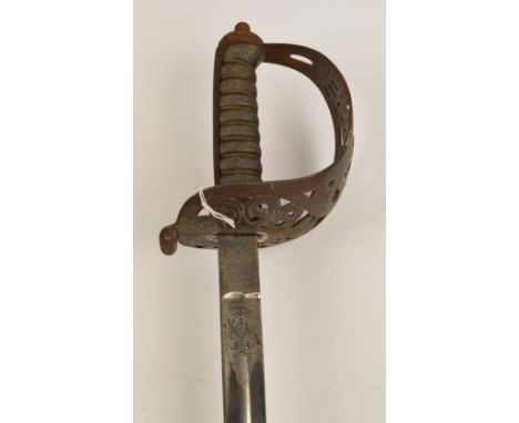 An Army Officer's dress sword with leather covered scabbard, the blade stamped "Hawkes & Co", with pierced and engraved flora