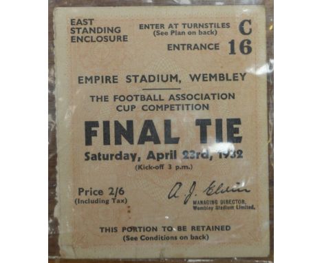 A 1932 FA cup final ticket for Newcastle United v Arsenal, played at Wembley Stadium.