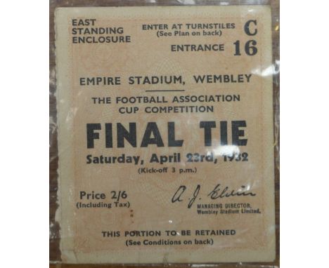 A 1932 FA cup final ticket for Newcastle United v Arsenal, played at Wembley Stadium.