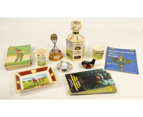 A mixed lot of golfing items including hallmarked silver golf ball trophy on stand, various ceramic items, collection of Open