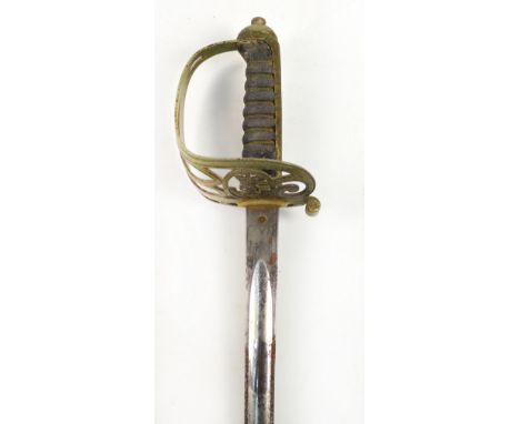 A George V infantry officer's dress sword, with pierced knuckle guard and the acid etched blade inscribed "E.Thurkle 5.Denmar