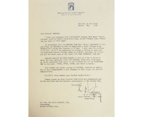 RIDGWAY (MAJOR GENERAL M.B.); typed letter signed "M.B. Ridgeway" to General Sir Miles Dempsey (Dear General Dempsey) at the 