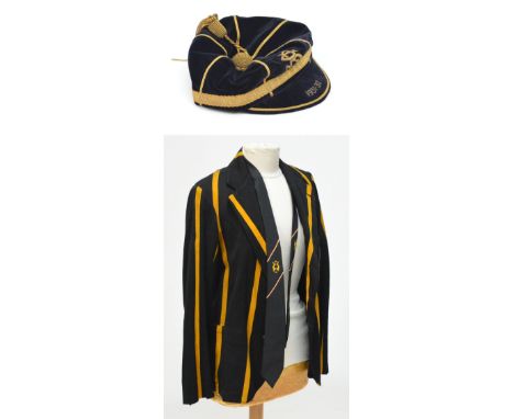 A Royal Corps of Signals Rugby Football Club striped vintage jacket, a modern associated tie and a velvet cap dated 1931/32, 