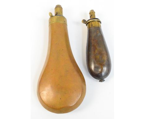 A copper brass mounted pear shaped powder flask, length 13.5cm, and a similar larger example (2).