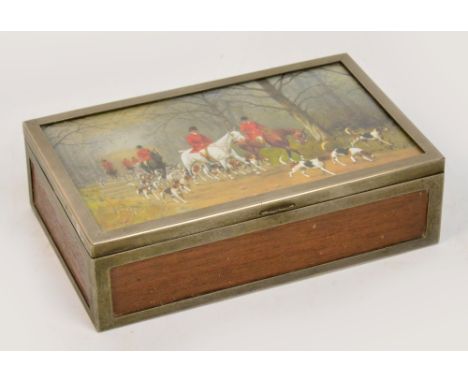 An Edwardian cigar box with plated mounts, the lid decorated with an overpainted print after George Wright depicting figures 