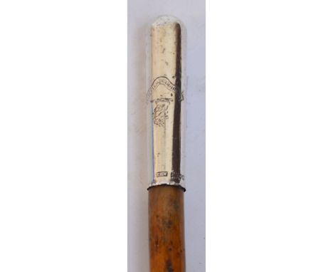 An Edward VII hallmarked silver swagger stick mount with engraved armorial for Clan Stewart of Appin and motto "Quhidder Will