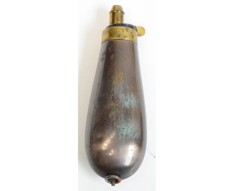 A copper pear shaped brass mounted powder flask, length 13cm.