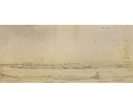 A pencil sketch, landscape "R. Rhine, about half a mile off, behind flood bank", depicting various aircraft over the Rhine, d