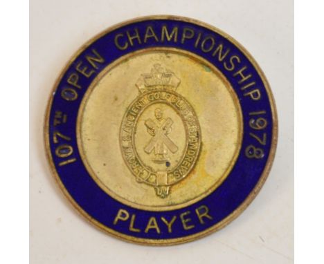 A 1978 Open Championship, St. Andrews, competitors Player badge, in metal with blue enamel, with R&A crest to the centre, the