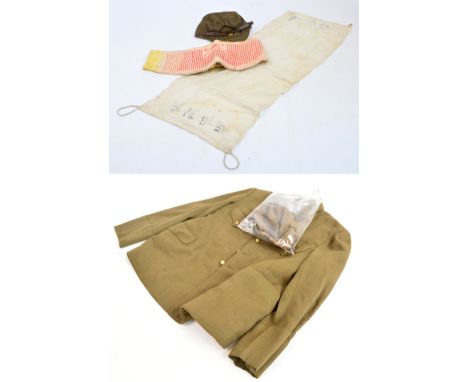 A WWII period Japanese military jacket with cap, waistband and scarf.