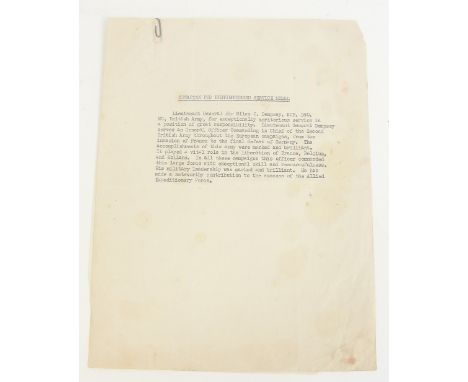 Two official original citations for the award of the Army Distinguished Service Medal to General Sir Miles Dempsey for except