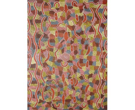 LESLIE TJAMPIJINPA (born 1950); large Aboriginal acrylic on canvas, "Hunting Dreaming", inscribed verso, 177 x 120cm, unframe