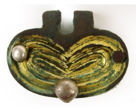 A Viking bronze belt buckle clip with traces of gilt decoration and white metal pins, 3 x 2.5cm.